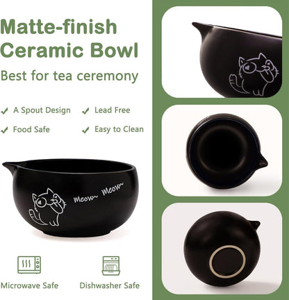 Matcha Whisk Set, 5 Pcs Traditional Japanese Matcha Whisk Preparation Kit, White Glossy Ceramic Bowl with Black Cat and Strawberry Pattern