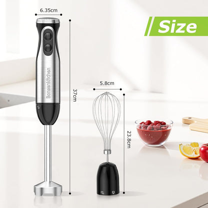 Bonsenkitchen Immersion Blender Handheld with Food Processor, 20 Speeds Hand Blender with Turbo Mode, Stainless Steel Blade, Egg Whisk, Beaker & Chopper Bowl, Hand Mixer for Smoothie, Soup, Baby Food