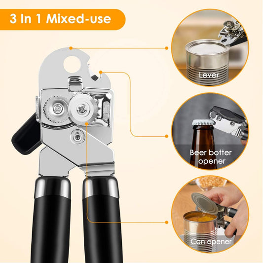 Heavy duty stainless steel manual can opener, sharp blade for smooth cutting edges, easy opening of cans, non-slip ergonomic handle, easy turn knob, built-in bottle opener, painted black