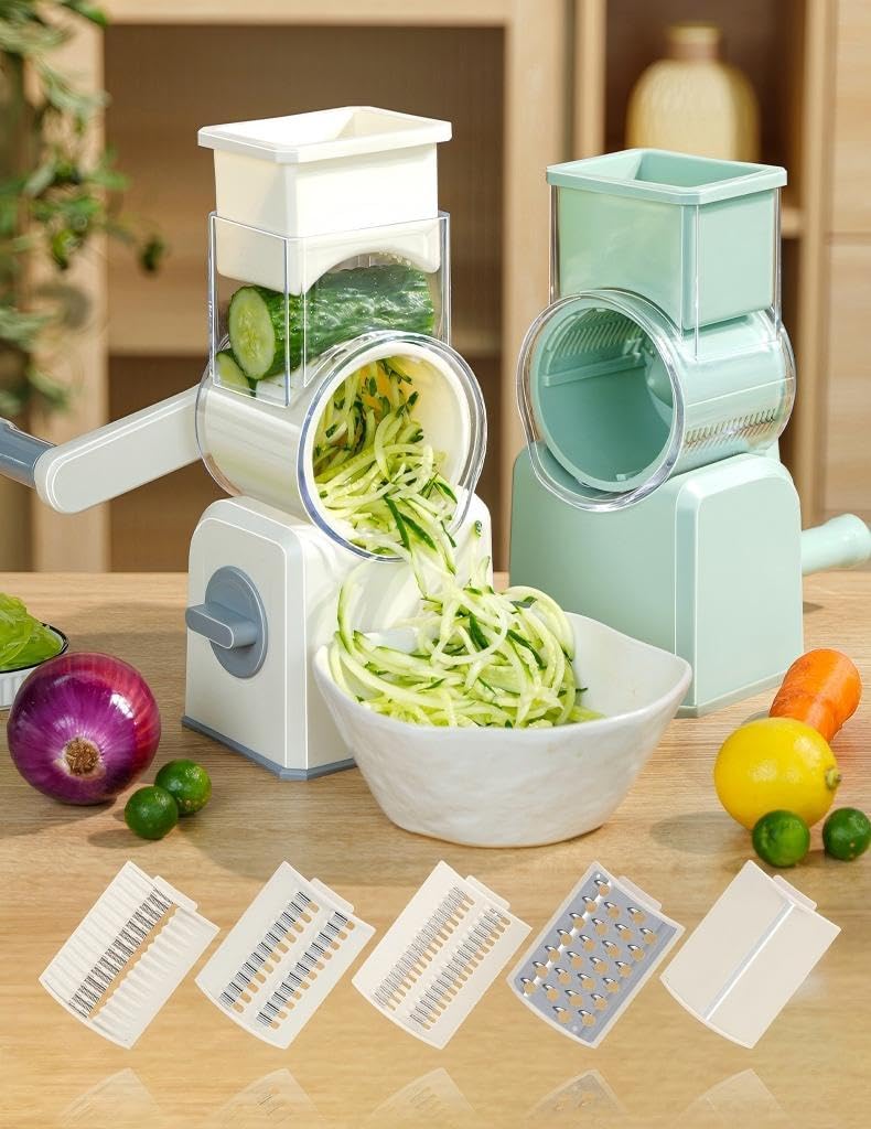 Rotary Cheese Grater with Hand Crank, Multi-Purpose Shredder Slicer with 3 Interchangeable Stainless Steel Blades for Shredding, Slicing, and Grating Cheese, Vegetables, and Fruit (Beige)