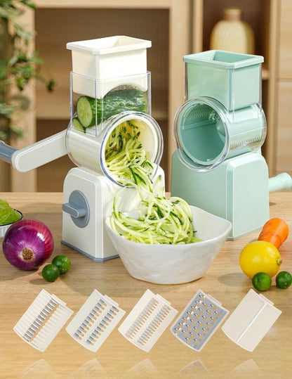 Rotary Cheese Grater with Hand Crank, Multi-Purpose Shredder Slicer with 3 Interchangeable Stainless Steel Blades for Shredding, Slicing, and Grating Cheese, Vegetables, and Fruit (Beige)