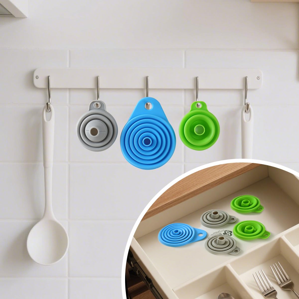 6 Pack Silicone Collapsible Funnels for Kitchen Use Filling Bottles, 3 Small and 3 Large Food Grade Kitchen Funnel Set for Filling Water, Oil, Spices, Powder – Silicone Funnels with Hook for Storage
