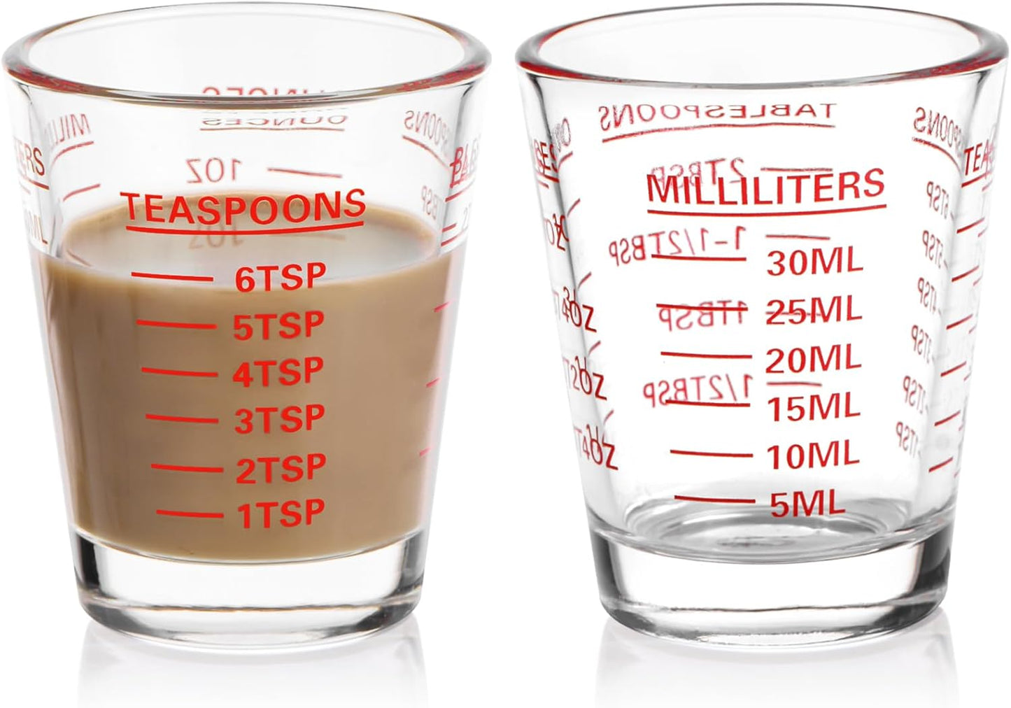 Measuring Cup Shot Glasses 2PACK Espresso Shot Glasses Liquid Heavy Glass 26-Incremental Measurement 1 OZ, 2 TBS, 6 TSP, 30 ML Kitchen Tools (Red)