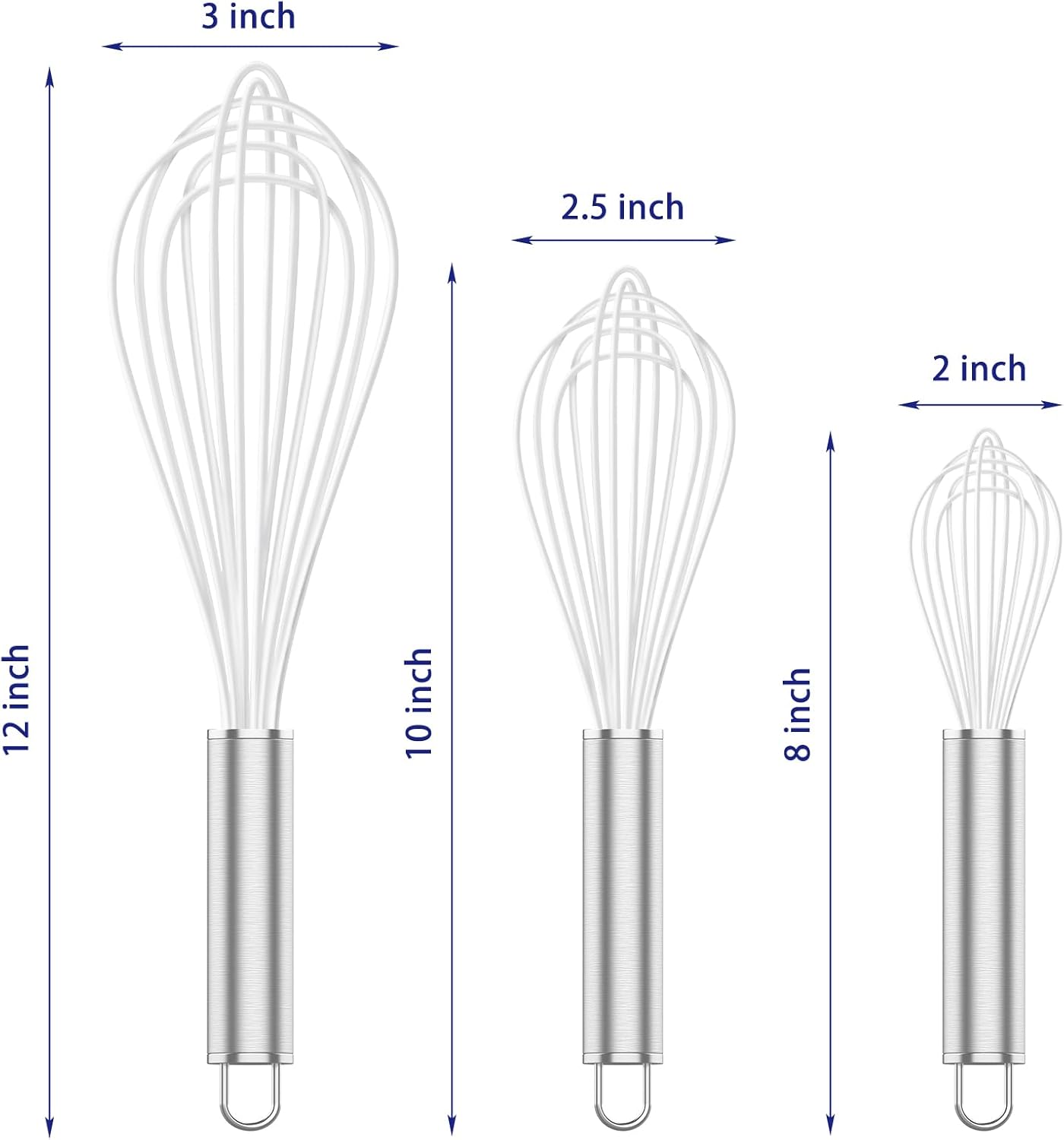 OYV 304 Stainless Steel Whisk Set, Dishwasher Safe Rustproof Metal Whisk, Professional Balloon Wire Whisks for Kitchen Cooking, Perfect For Blending, Whisking, Baking, Beating, 3 Packs (8" 10" 12")