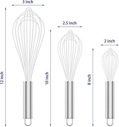 OYV 304 Stainless Steel Whisk Set, Dishwasher Safe Rustproof Metal Whisk, Professional Balloon Wire Whisks for Kitchen Cooking, Perfect For Blending, Whisking, Baking, Beating, 3 Packs (8" 10" 12")