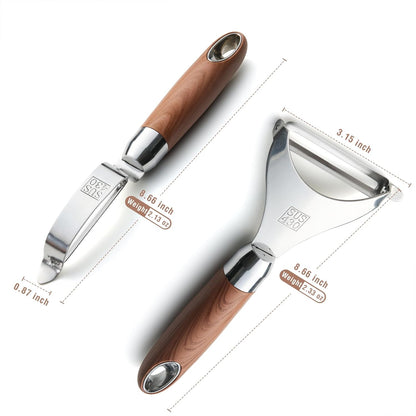 HiFind Premium Stainless Steel Multifunctional Kitchen Fruit and Vegetable Peeler with Natural Wood Handle，Ultra Sharp Strong Blade - 2 PCS