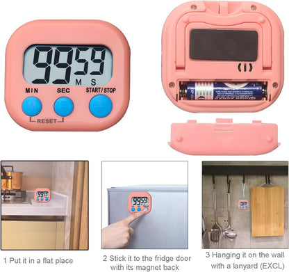 Digital Kitchen Timer, BESTWYA Electronic Timer with Clear LCD Screen Count Up and Down Function 3 Big Buttons On/Off Switch Button for Kitchen, Study, Work, Exercise Training (6, 3 Colors)