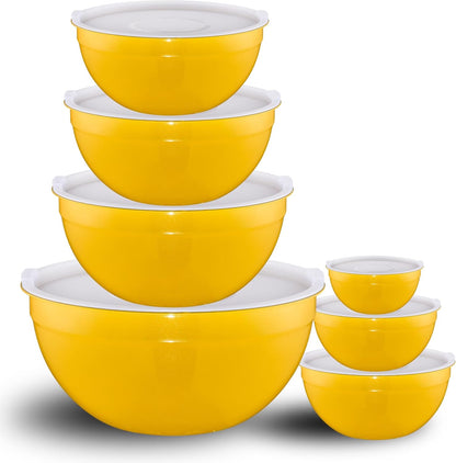Red Mixing Bowls with Lids Set of 7, Stainless Steel Nesting Bowl with Khaki Lid for Non-slip Mixing Prepping Storing Serving, 7 Sizes-7/3.6/2.7/2.1/1.5/1/0.8 QT