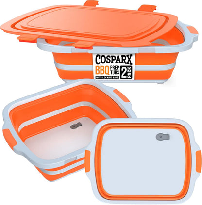 2-Pack XL Collapsible BBQ Prep Tub with Built-In Cutting Board, Lid & Strainer – Marinate, Drain & Prep – Large Food-Safe Container – Perfect for Grilling, Smoking & Outdoor Cooking (Black)