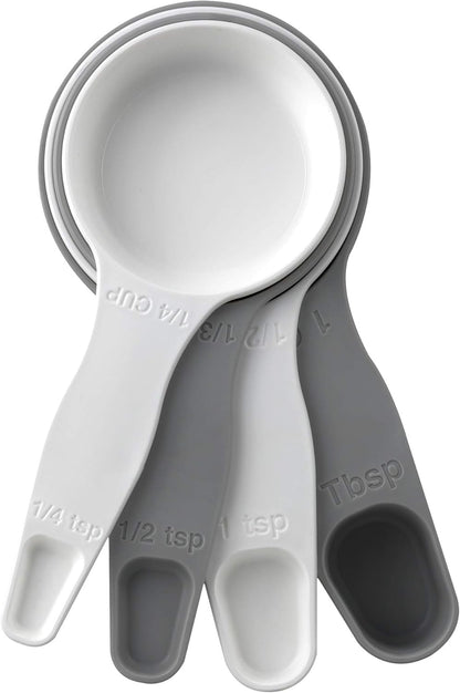 Storage Theory 2-in-1 Measuring Cups & Spoons Set (4-Piece) - Nesting Space-Saving Kitchen Gadget - BPA-Free Food Grade Plastic - Dishwasher Safe for Baking, Cooking, Coffee - White