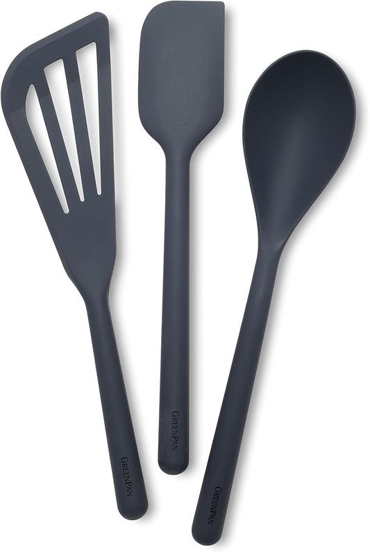 GreenPan Silicone 3 Piece Cooking Utensil Set, Fish Turner, Mixing Spatula, Solid Spoon, Flexible Nonstick Kitchen Tools Rigid Steel Core, Heat-Resistant Anti-Slip Handle BPA-Free Dishwasher Safe Blue