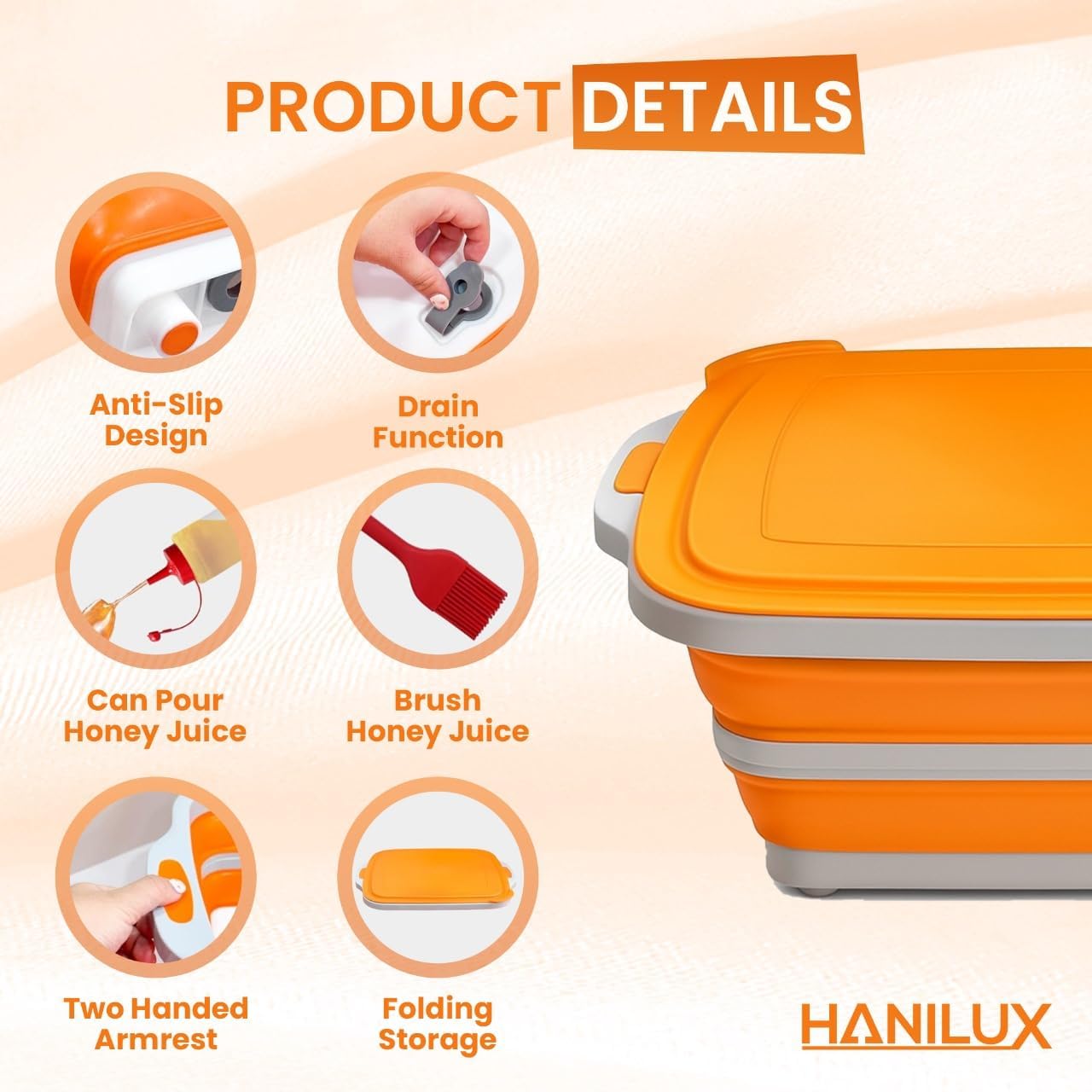 Collapsible BBQ Prep Tub, Meal Prep, Marinating Food Container, W/Cutting Board, Multi-Function Grill Caddy W/Colander & Lid, 8L Tub With/2 Squeeze Bottles1 Silicone Brush for Picnic- Camping-