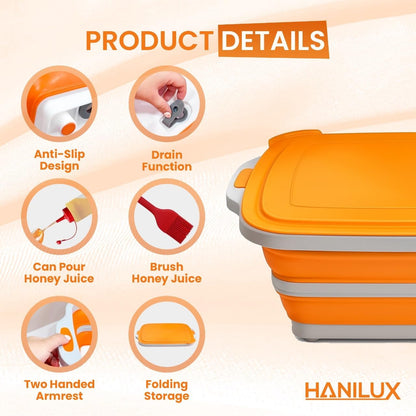Collapsible BBQ Prep Tub, Meal Prep, Marinating Food Container, W/Cutting Board, Multi-Function Grill Caddy W/Colander & Lid, 8L Tub With/2 Squeeze Bottles1 Silicone Brush for Picnic- Camping-