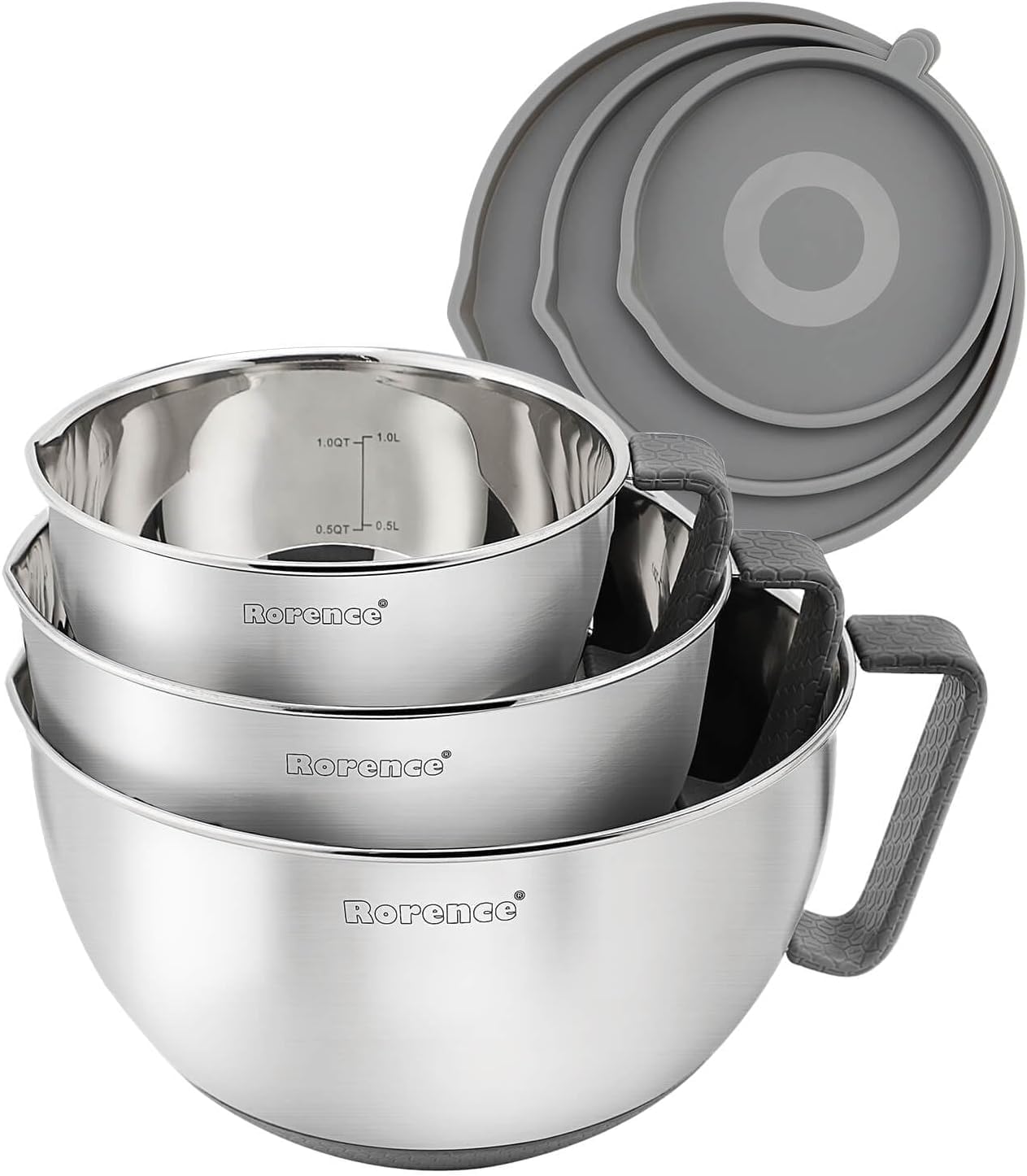 Rorence Stainless Steel Non-Slip Mixing Bowls With Pour Spout, Handle and Lid, Set of 3, Black