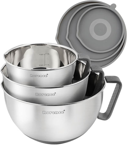 Rorence Stainless Steel Non-Slip Mixing Bowls With Pour Spout, Handle and Lid, Set of 3, Black