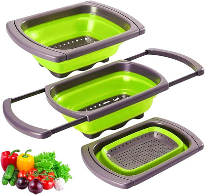 6 Quart Collapsible Colander Strainer, 2026 New Drain Cooked Pasta and Dry Dishes Square Silicone Kitchen Strainer, Upgrade Over The Sink Strainer Basket Colander Strainer (Green)