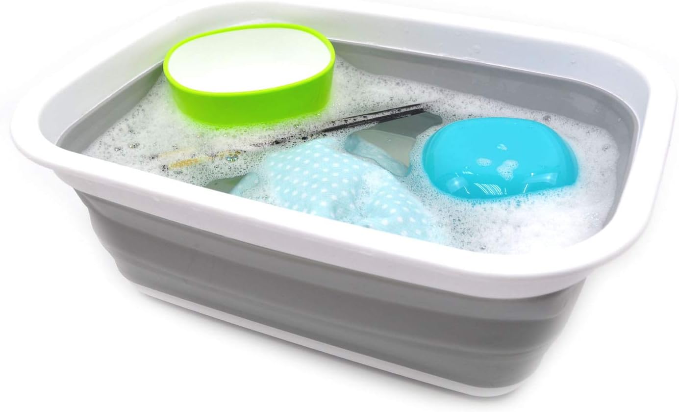 SAMMART 9.2L (2.37Gallon) Collapsible Wash Basin - Foldable Outdoor Picnic Basket - Portable Plastic Tub - Space Saving Storage Container with Size : 15.3 x 11.2 x 5.5/1.5" (M, Gray)