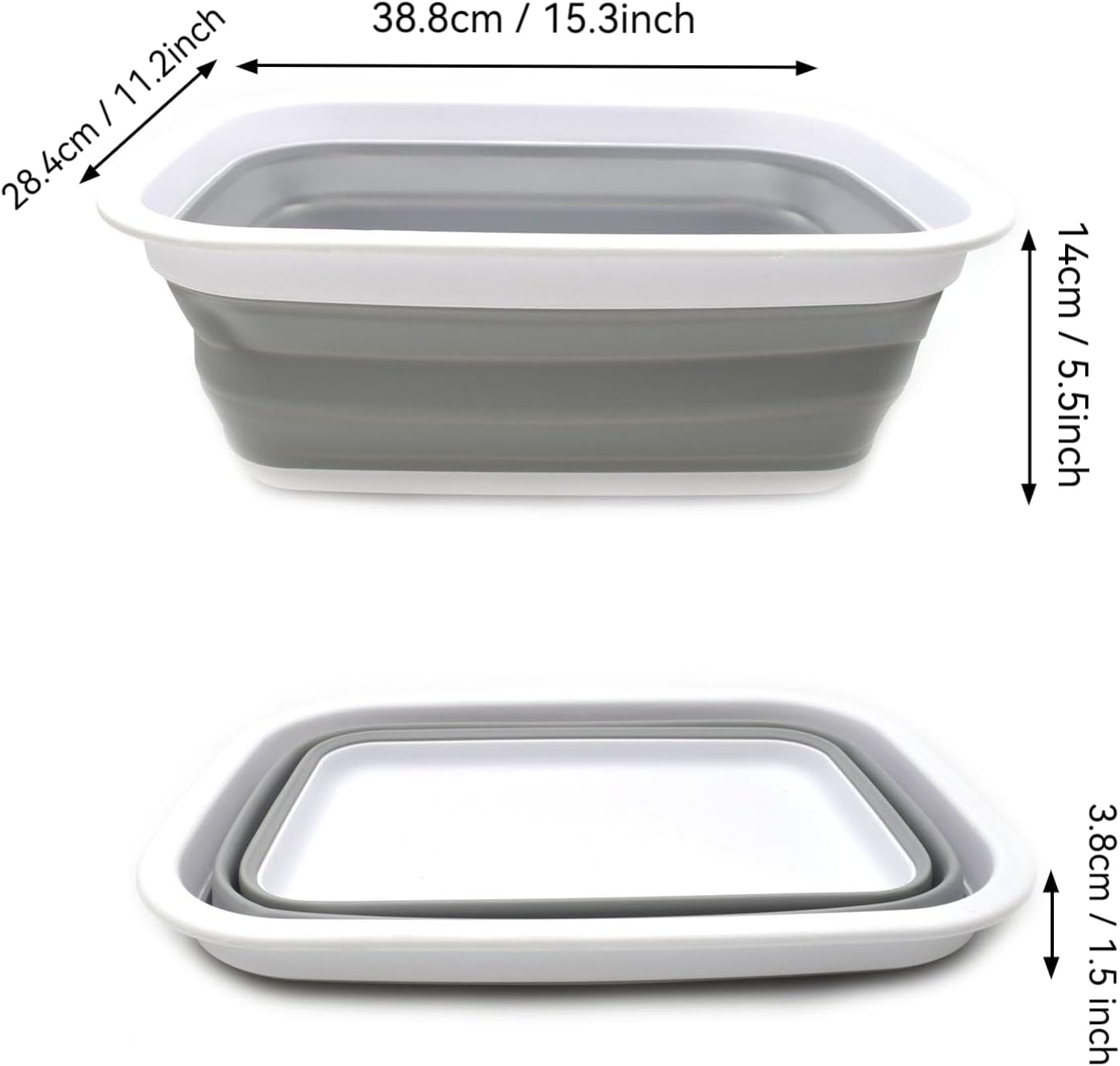 SAMMART 9.2L (2.37Gallon) Collapsible Wash Basin - Foldable Outdoor Picnic Basket - Portable Plastic Tub - Space Saving Storage Container with Size : 15.3 x 11.2 x 5.5/1.5" (M, Gray)