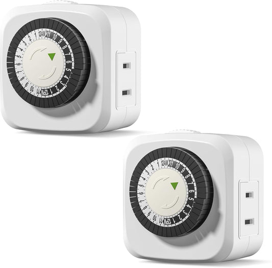 HBN Indoor Mini 24-Hour Mechanical Outlet Timer, for Electrical Outlets, 30 Minute Intervals, 3-Prong, 2-Pack, Light Timer for Indoor Lighting, ETL Listed
