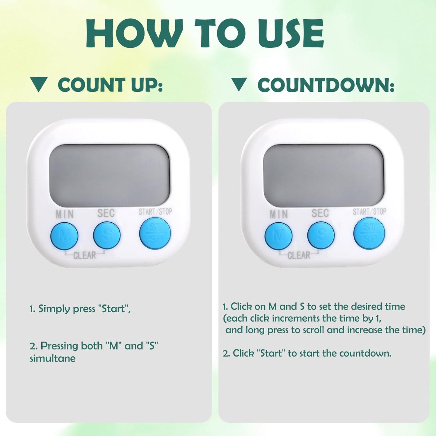 GeeRic Kitchen Timers 4 Pack, Electronic Timers with Loud Alarm for Cooking, Magnetic Digital Timers Big LCD Display Blue Green Pink White (No Battery Included)