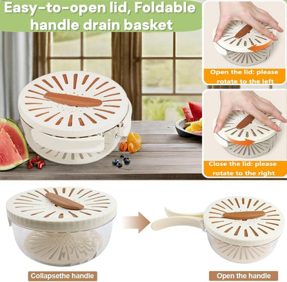 2 in 1 Fruit Vegetable Washing Bowl with Strainer, 1 QT Multipurpose Drain Basket with Lid & Foldable Handle, Fruit Strainer Container for Kitchen, Fridge, Picnics, Apartment, BPA-Free Material