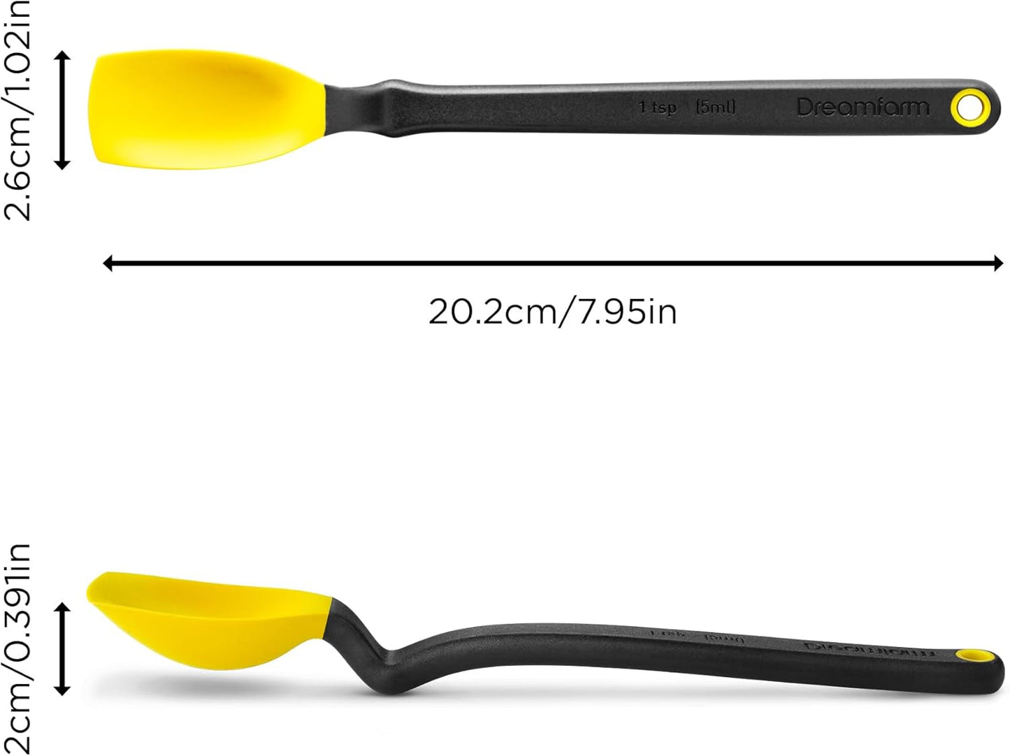 Dreamfarm Mini Supoon Non-Stick Sit-Up Silicone Scraping Cooking Spoon, Jar Scraper Measures 5ml Tsp - 8" Yellow