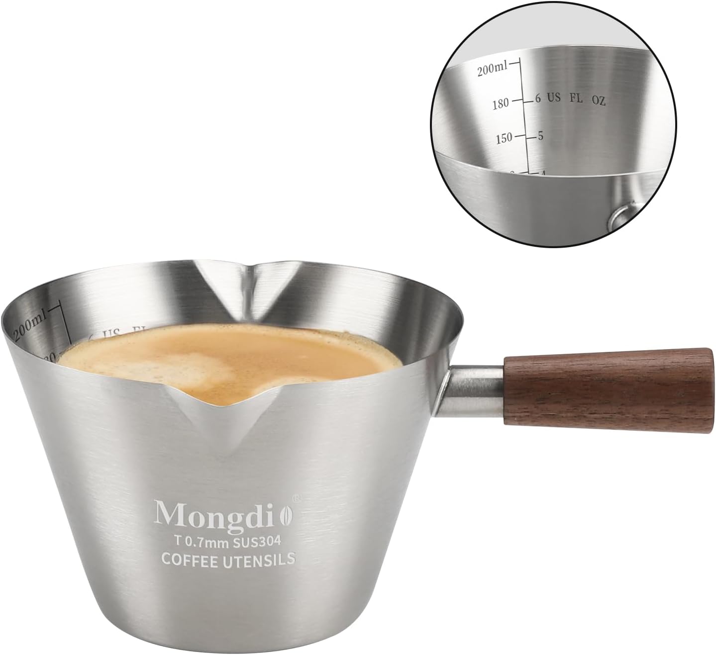 Mongdio Espresso Measuring Cup, Stainless Steel Espresso Shot Cups with Wooden Handle and Double Spouts, 6.8OZ/200ML, White