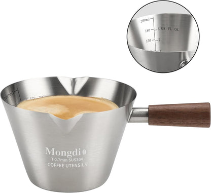 Mongdio Espresso Measuring Cup, Stainless Steel Espresso Shot Cups with Wooden Handle and Double Spouts, 6.8OZ/200ML, White