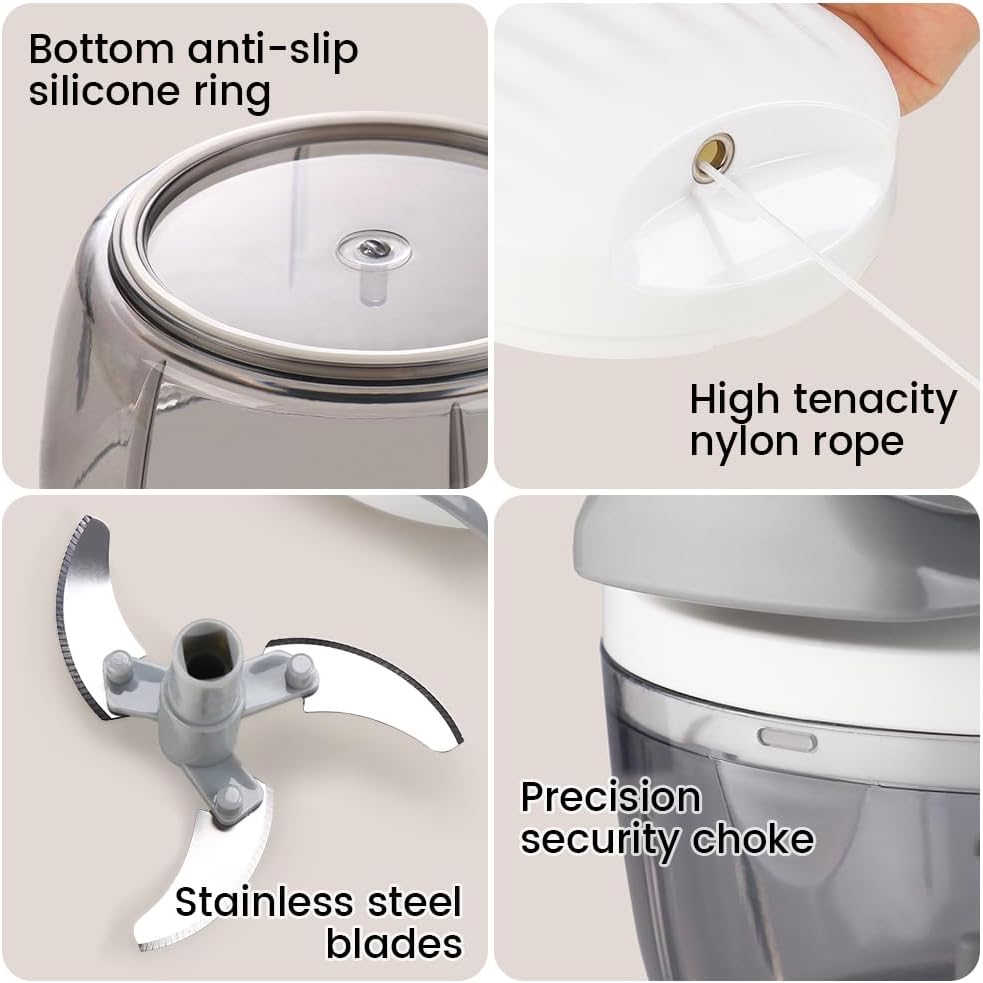 Manual Food Processor & Vegetable Chopper White - 2.3 Cup Mini Hand-Pull Cord Kitchen Chopper for Onion, Garlic, Vegetables with 3 Stainless Steel Blades