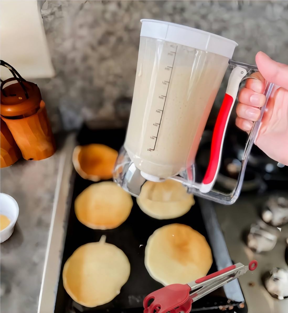 Waffles Batter Dispenser n Waffle Tongs Combo Set,Get Perfectly Fluffy Waffles Every Time! Batter Measuring Separator for Pancakes, Cupcake, Muffin Quick Filling Cookie Batter