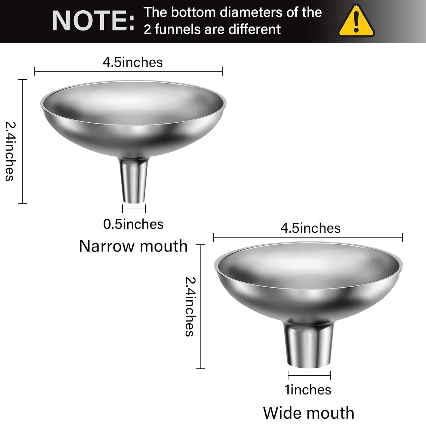 Serinar Stainless Steel Funnel, 2 Large and Small Mouth Filling Kitchen funnels, Liquids, fluids, Spices and Powders, Durable and Washable.