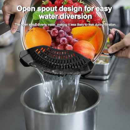 Clip On Strainer Silicone for all Pots and Pans, Silicone Strainer for Pasta and Food Colander for Meat Vegetables Fruit Silicone Kitchen Colander-Black