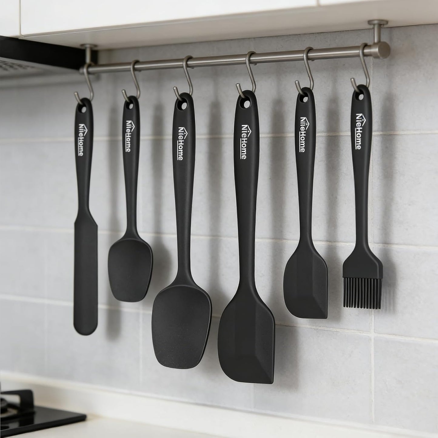 NileHome Silicone Spatula Set, 5 Pieces Food Grade Kitchen Utensils with Silicone Brush Heat Resistant BPA-free Rubber Spatula for Scraping, Baking, Cooking, Mixing—Black