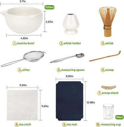 Joiish Matcha Whisk Set, Matcha Kit 10-Pcs, Bamboo Whisk and Ceramic Bowl with Spout & Measuring Spoon & Cup, Japanese Ceremony Matcha Tea Powder Making Tools, Light Green
