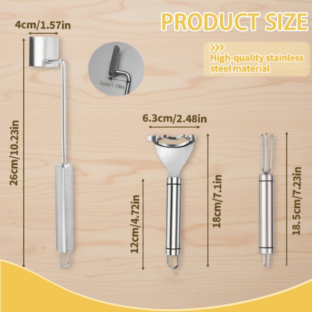 3Pcs Stainless Steel Corn Peeler Set, Kitchen Corn Thresher Tool, Corn Stripper with Fork and Brush