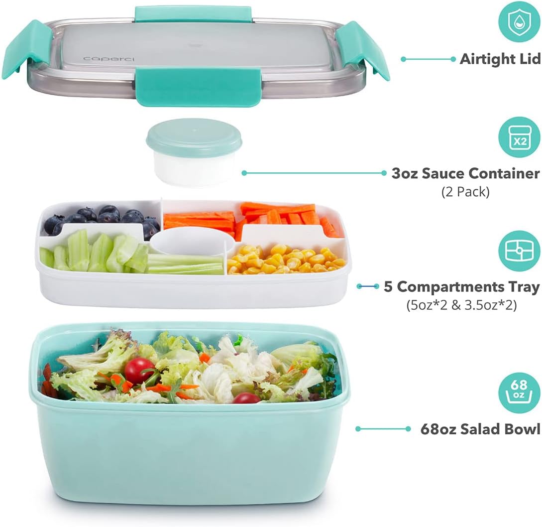 Caperci Large Salad Container Bowl for Lunch - Better Adult Bento Lunch Box 68 oz, 5-Compartment Tray, 2pcs 3-oz Sauce Cups, Stackable, BPA-Free (Navy)