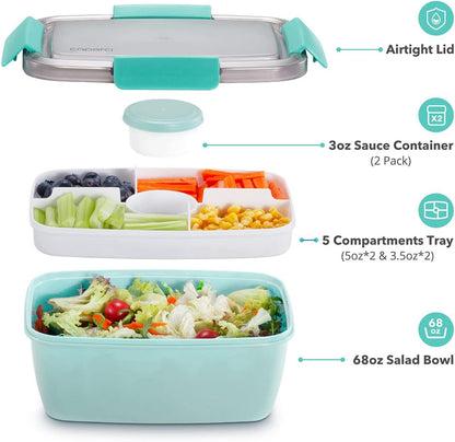 Caperci Large Salad Container Bowl for Lunch - Better Adult Bento Lunch Box 68 oz, 5-Compartment Tray, 2pcs 3-oz Sauce Cups, Stackable, BPA-Free (Navy)