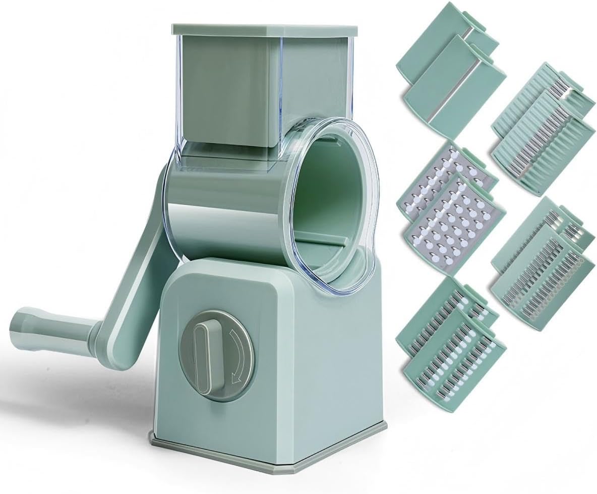 Rotary Cheese Grater with Hand Crank, Multi-Purpose Shredder Slicer with 3 Interchangeable Stainless Steel Blades for Shredding, Slicing, and Grating Cheese, Vegetables, and Fruit (Beige)