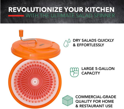 5-Gallon Salad Spinner - Manual Lettuce Dryer, High-Capacity, Orange, Plastic Spinner for Efficient Greens Drying in Commercial Kitchens
