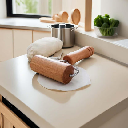 Stainless Steel & Beechwood Rolling Pin with Adjustable Thickness - Ergonomic Dumpling/Pasta Maker、Pizza, Kitchen Tool for Home Chefs, Dishwasher Safe & Rustproof Design (T)