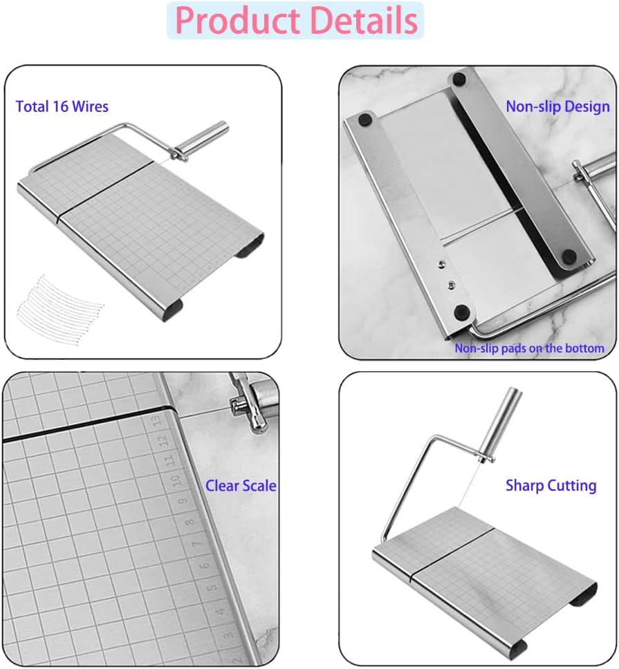 Cheese Slicer with 16 Replacement Wires, Stainless Steel Cheese Cutter Board with Precision Scale for Cutting Cheese Butter Ham Beet Boiled Eggs, Silver