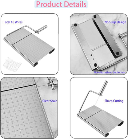 Cheese Slicer with 16 Replacement Wires, Stainless Steel Cheese Cutter Board with Precision Scale for Cutting Cheese Butter Ham Beet Boiled Eggs, Silver