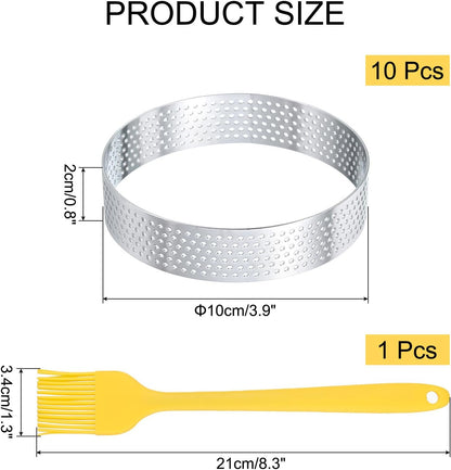 uxcell 10pcs Perforated Cake Rings 2.4 Inch Stainless Steel Round Cake Mousse Ring Molds with Brush for Baking Cake Dessert Pastry Making, Silver Tone
