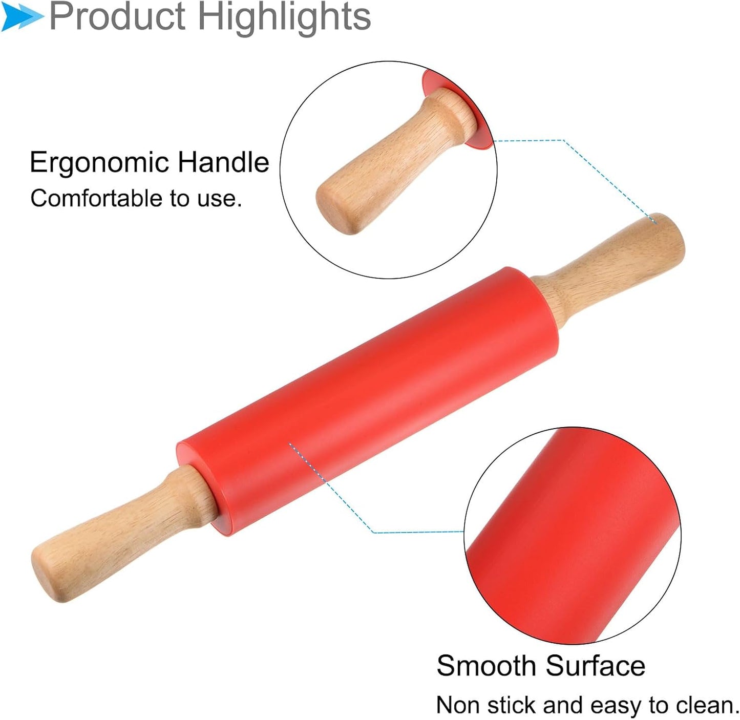 Silicone Rolling Pins, 17" Length, Silicone & Oak Non-Stick Ergonomic Wooden Handle Fondant Dough Roller Pink - (Applications: for Baking DIY Projects)
