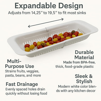 Over-the-Sink Expandable Colander – BPA-Free Collapsible Plastic Strainer for Fruits, Vegetables, Pasta & Dishes – 14.25" to 19.5" Adjustable Sink Basket – Black