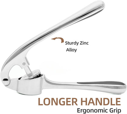 Garlic press for fine mincing, heavy-duty garlic press joystick, rust proof zinc alloy material, ergonomic handle, equipped with silicone peeler and cleaning brush, dishwasher washable, bright silver