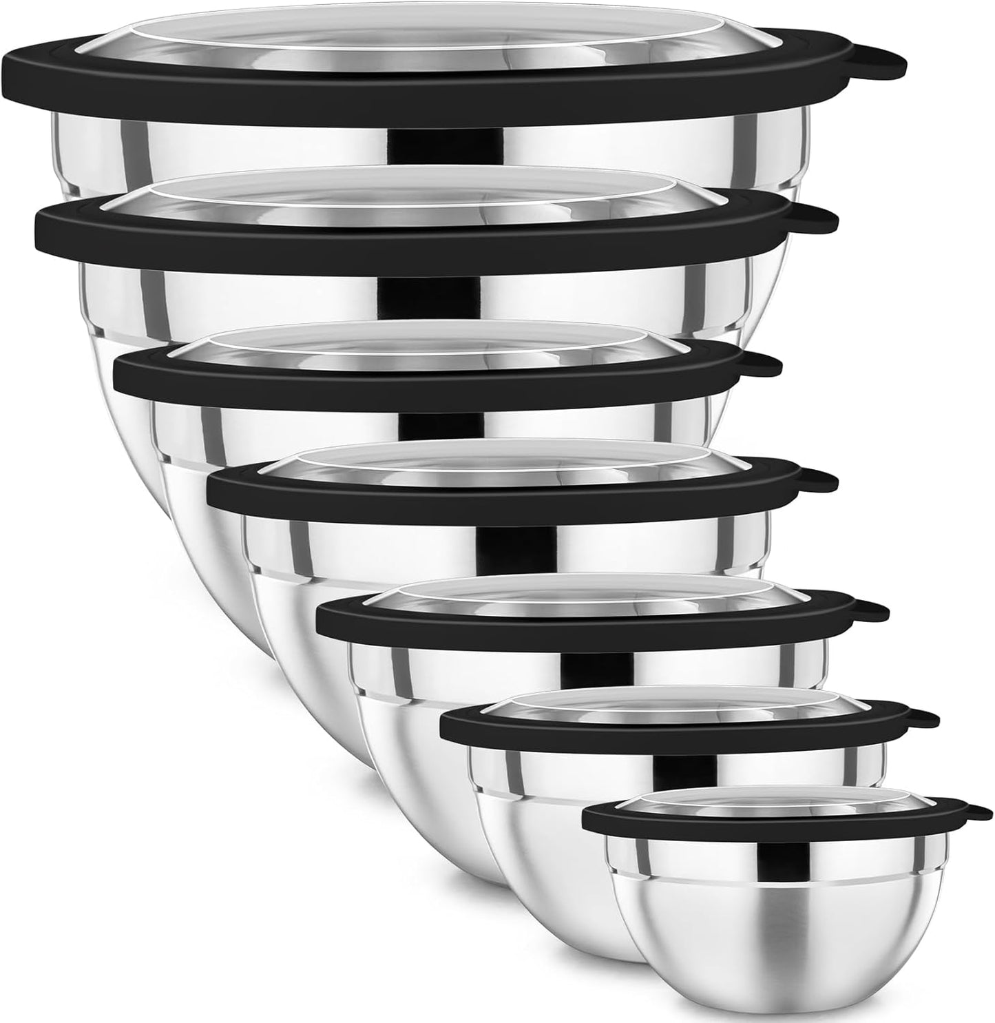 P&P CHEF Mixing Bowl with Lid Set of 7, Stainless Steel Nesting Salad Bowls for Cooking Serving Prepping, Clear Lids & Stackable Design, Size 4.6, 3.5, 3, 2, 1.5, 1, 0.7 Qt - Khaki