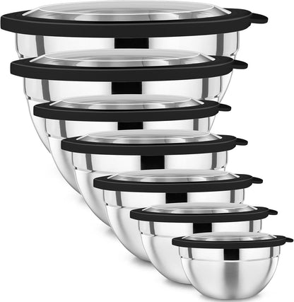 P&P CHEF Mixing Bowl with Lid Set of 7, Stainless Steel Nesting Salad Bowls for Cooking Serving Prepping, Clear Lids & Stackable Design, Size 4.6, 3.5, 3, 2, 1.5, 1, 0.7 Qt - Khaki