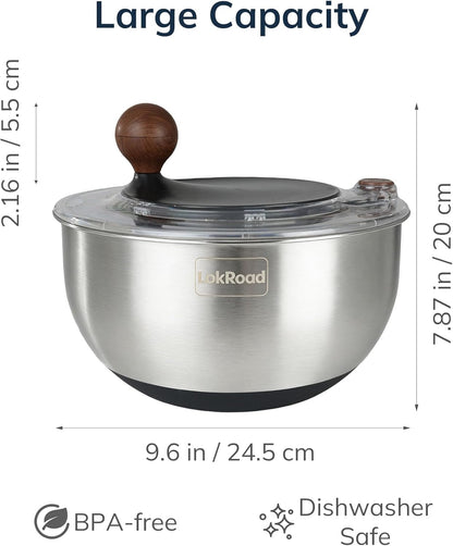 Stainless Steel Salad Spinner, 5.3 Qt Large Lettuce & Vegetable Cleaner with Non-Slip Bottom, Quick Stop Button, Dishwasher Safe Fruit Washer, BPA-free, Black