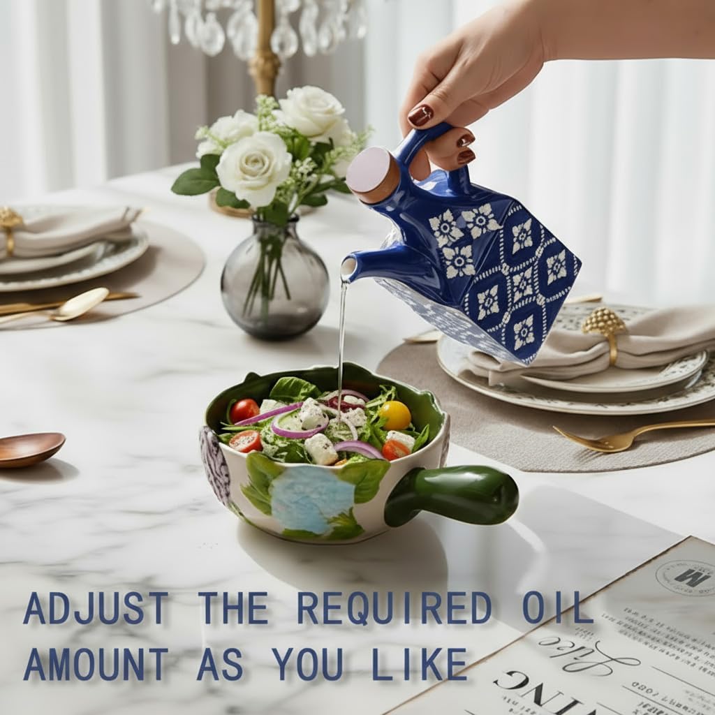 Ceramic Olive Oil Dispenser Bottle, 8.5 oz Decanter for Kitchen with Handle & Wooden Stopper, Green Decorative Oil and Vinegar Dispenser Set, Cooking Oil Container Cruet for Olive, Avocado, Vinegar